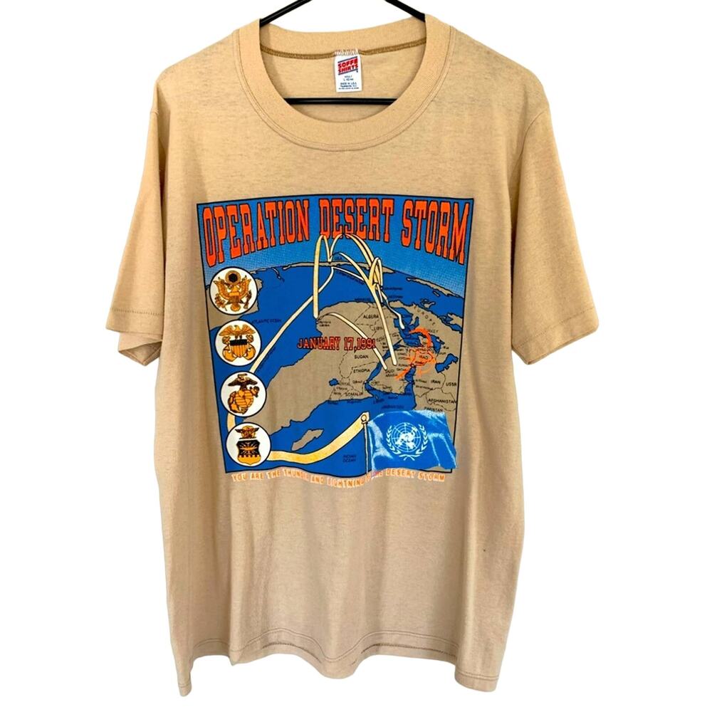 VINTAGE 1991 OPERATION DESERT STORM SINGLE STITCH SOFFE MENS TAN SHIRT SZ LARGE